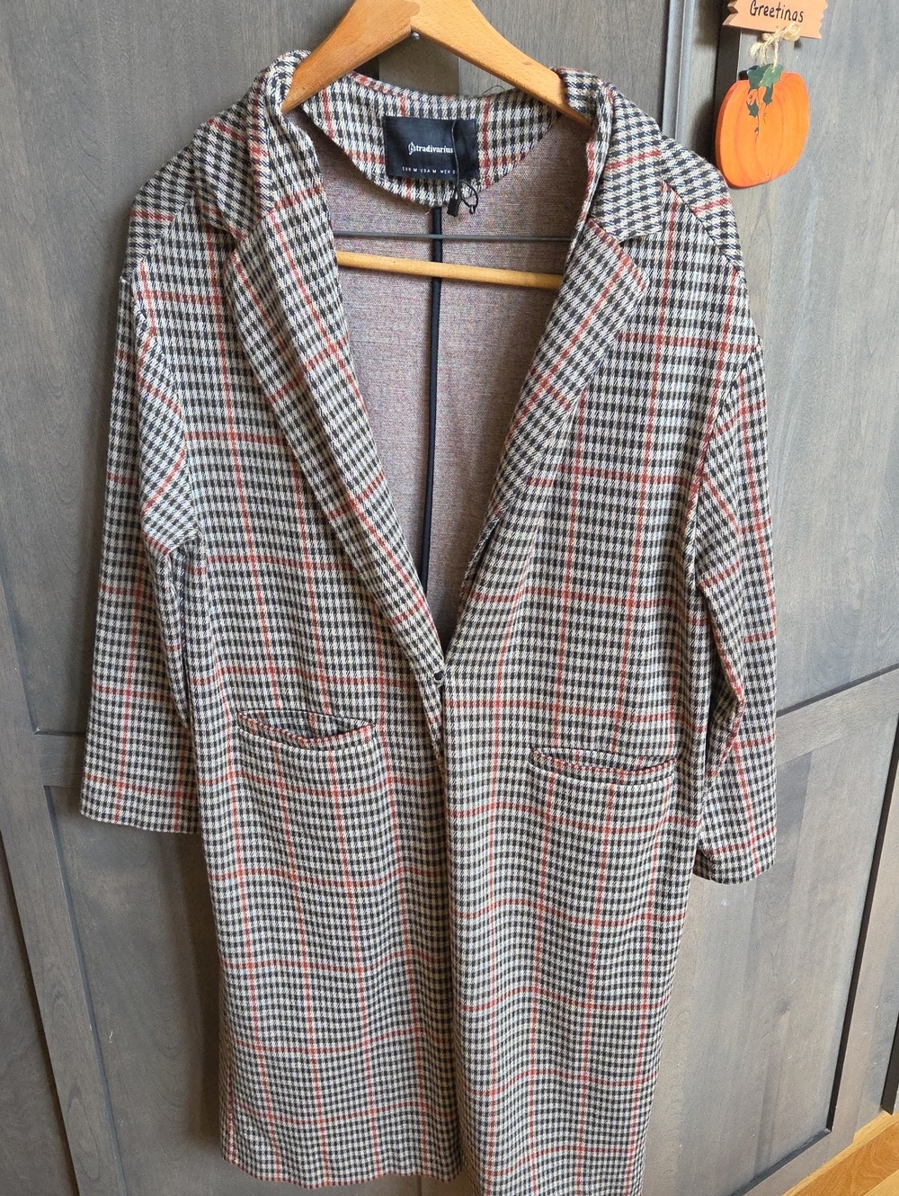 Stradivarius Plaid Coat in Gray & Red